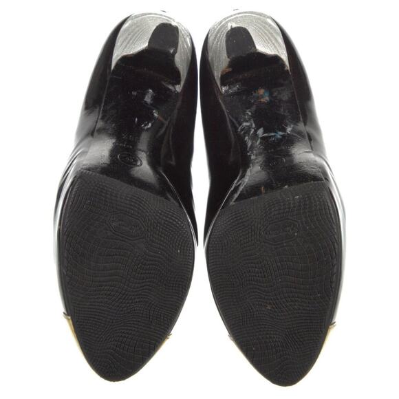 Authentic Chanel Black Cream Gray Patent Leather Platform Pumps Sz EU 38.5 US 8 - Picture 6 of 13